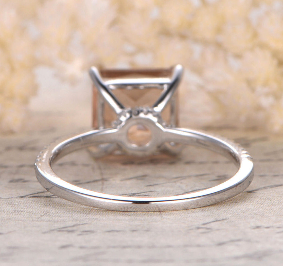 Princess Morganite Engagement Ring Pave Diamond Wedding 14K White Gold 8mm - Lord of Gem Rings - 3