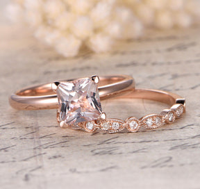 Princess Morganite Engagement Ring Sets Pave Diamond Wedding 14K Rose Gold 7mm - Lord of Gem Rings - 3