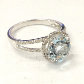 Round Aquamarine Engagement Ring Pave Diamond Wedding 14K White Gold,8mm,Split Shank - Lord of Gem Rings - 3