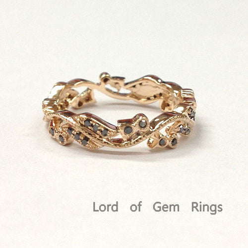 Black Diamond Wedding Band Anniversary Ring 14K Rose Gold Art Deco Milgrain - Lord of Gem Rings - 3