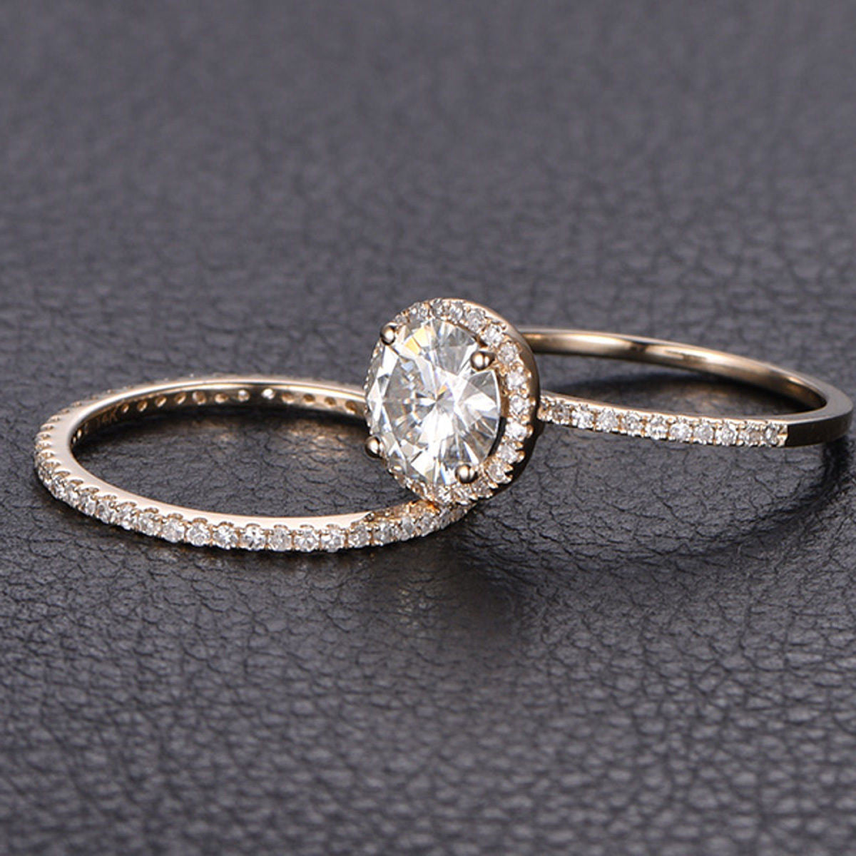 Round Moissanite Engagement Ring Sets Pave Diamond Wedding 14K Rose Gold 6.5mm - Lord of Gem Rings - 4