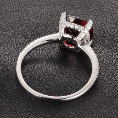 Cushion Garnet Engagement Ring Pave Diamond Wedding 14K White Gold 8x8mm - Lord of Gem Rings - 4