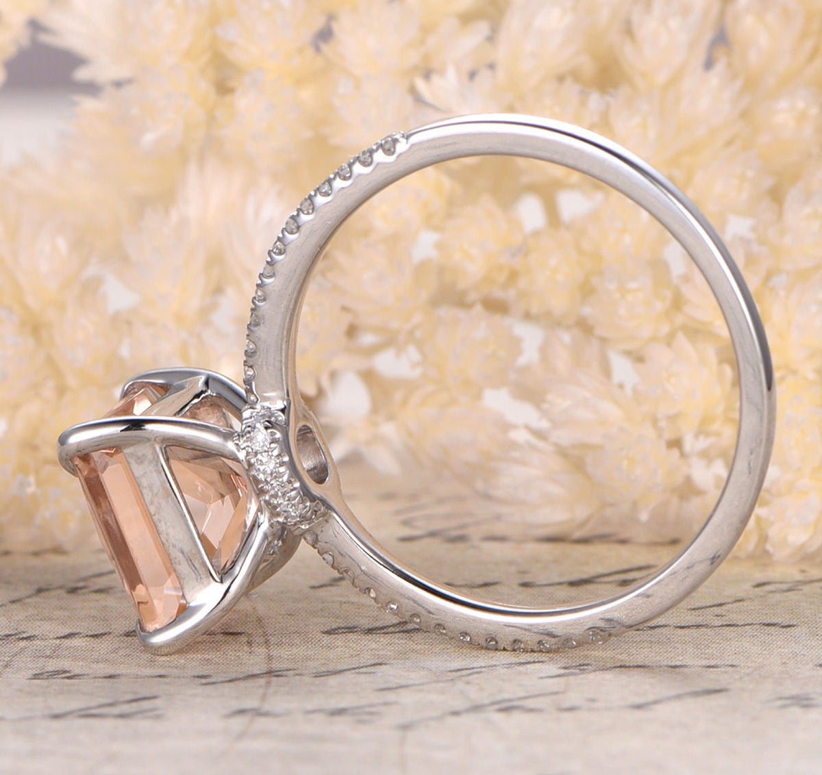 Princess Morganite Engagement Ring Pave Diamond Wedding 14K White Gold 8mm - Lord of Gem Rings - 4