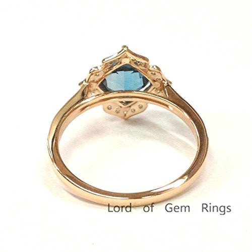 Cushion London Blue Topaz Engagement Ring Pave Diamond Wedding 14K Rose Gold,8mm,Floral Style - Lord of Gem Rings - 4