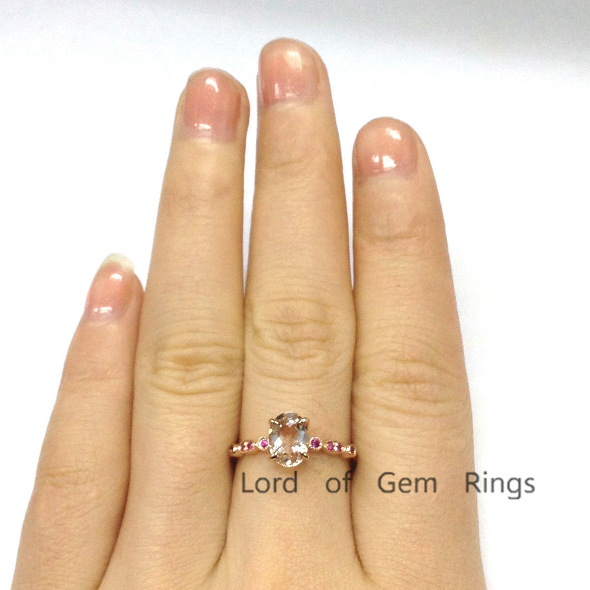 Oval Morganite Engagement Ring Pave Ruby Wedding 14K Rose Gold 6x8mm  Art Deco - Lord of Gem Rings - 4