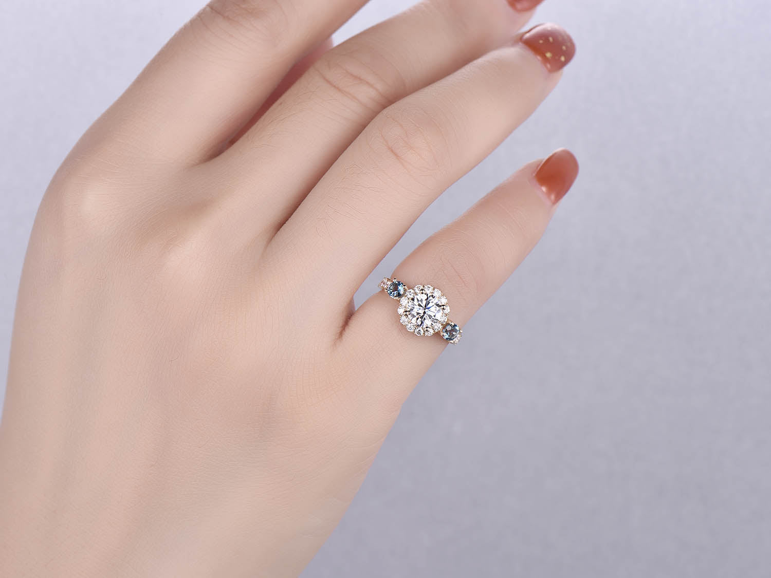 Round Moissanite London Blue Topaz Three Stone Ring