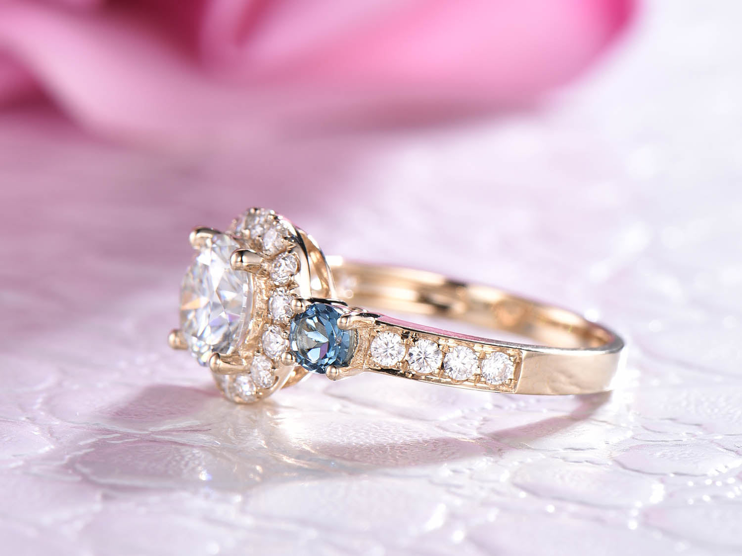 Round Moissanite London Blue Topaz Three Stone Ring