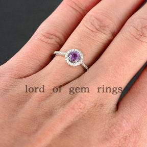 Round Pink Sapphire Engagement Ring Pave Diamond Wedding 14K White Gold 5mm - Lord of Gem Rings - 5