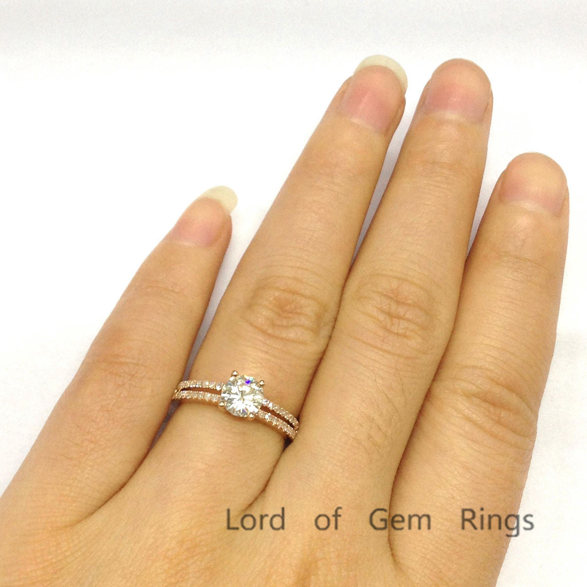 Round Moissanite Engagement Ring Pave Diamond Wedding 14K Rose Gold 6.5mm - Lord of Gem Rings - 5
