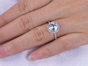 Round Aquamarine Halo Ring with Diamond Accents 14K White Gold