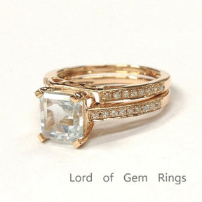 Asscher Aquamarine Diamond Bridal Set 14K Rose Gold