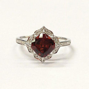 Vintage Cushion Red Garnet Floral Diamond Halo Engagement Ring