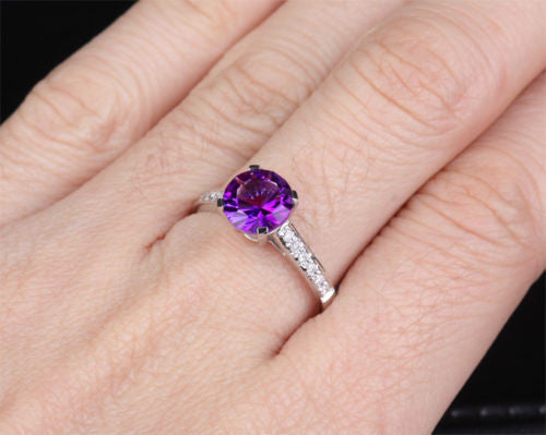 Round Amethyst Engagement Ring Pave Diamond Wedding 14K White Gold 7.3mm Cocktail - Lord of Gem Rings - 8