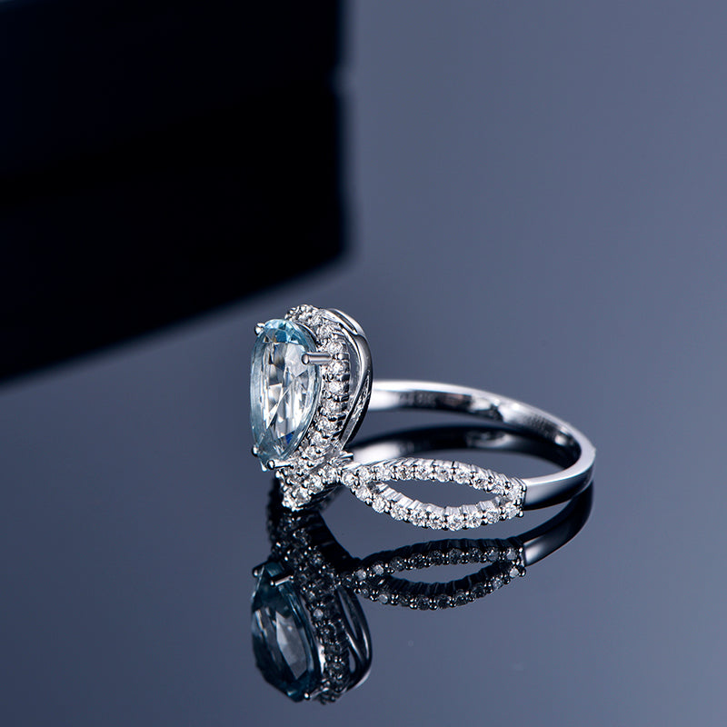 Vintage Pear Aquamarine Diamond Engagement Ring 14K White Gold