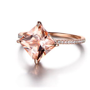 Princess Morganite Ring Triple Diamond Accents 14K Gold