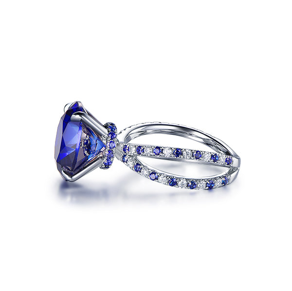 Round Lab Blue Sapphire Ring Hidden Halo 14k White Gold