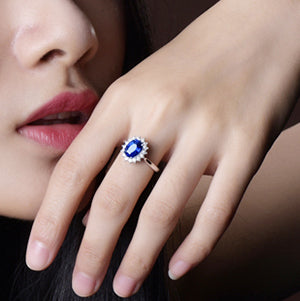Princess Diana Inspired Royal Blue Sapphire Diamond Halo Ring 18K Gold