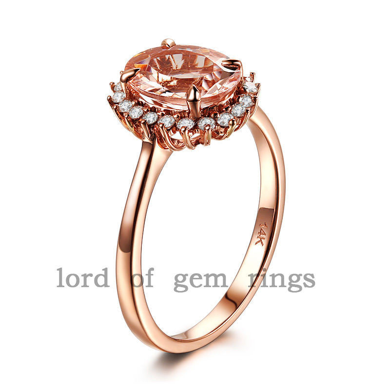 Oval Morganite Engagement Ring Diamond Halo 14K Rose Gold 6x8mm Flower Design - Lord of Gem Rings - 4