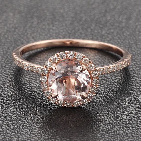 Round Morganite Engagement Ring Sets Pave Diamond Wedding 14K Rose Gold 7mm - Lord of Gem Rings - 3