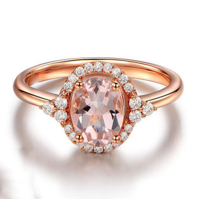 Vintage Oval Morganite Engagement Ring Diamond Halo 14K Rose Gold