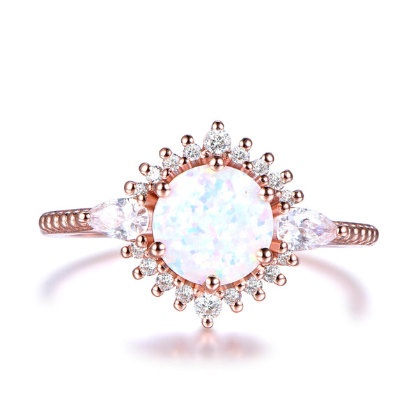 Round Africa Opal Pear Diamond Floral Engagement Ring