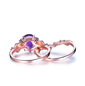 Pear Amethyst Vine Ring Art Deco Bridal Set 14K Gold