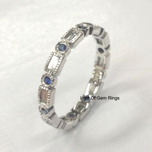 0.7ct.w Blue Sapphire Baguette Diamond Wedding Band 14K White Gold