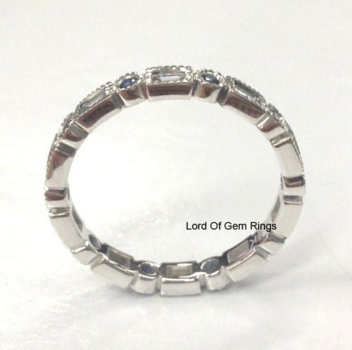 0.7ct.w Blue Sapphire Baguette Diamond Wedding Band 14K White Gold - Lord of Gem Rings
