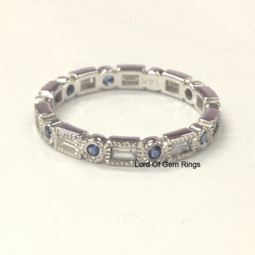 0.7ct.w Blue Sapphire Baguette Diamond Wedding Band 14K White Gold - Lord of Gem Rings