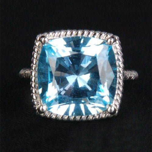 10 CT Cushion Blue Topaz Twisted Solitaire Ring 14K White Gold