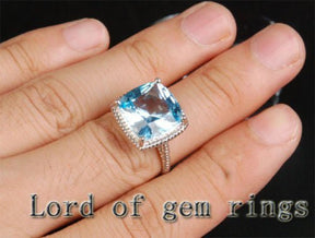 10 CT Cushion Blue Topaz Twisted Solitaire Ring 14K White Gold - Lord of Gem Rings