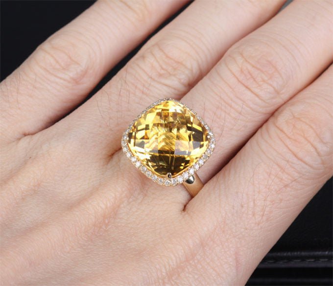10.5ct Cushion Citrine Diamond Halo Engagement Ring 14k Yellow Gold - Lord of Gem Rings
