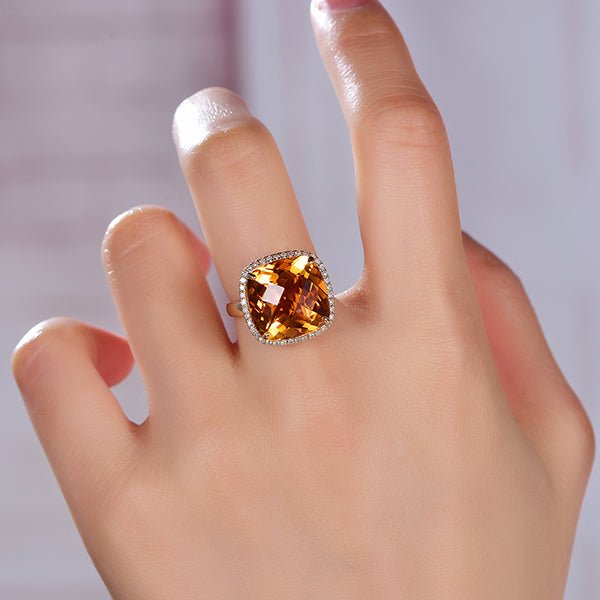 10.5ct Cushion Citrine Diamond Halo Engagement Ring 14k Yellow Gold - Lord of Gem Rings