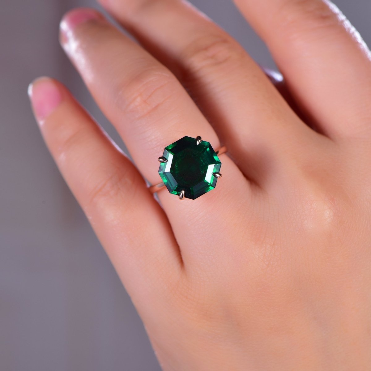 10.5ct Octagonal Lab Emerald Solitaire Engagement Ring 14K Rose Gold - Lord of Gem Rings