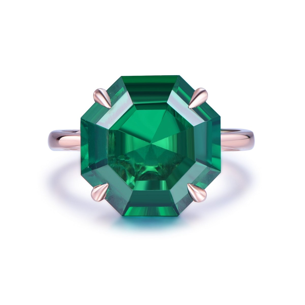 10.5ct Octagonal Lab Emerald Solitaire Engagement Ring 14K Rose Gold | LOGR