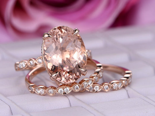 6CT Elongated Oval Morganite Ring Trio Set Art Deco Diamond Bands 14K Gold