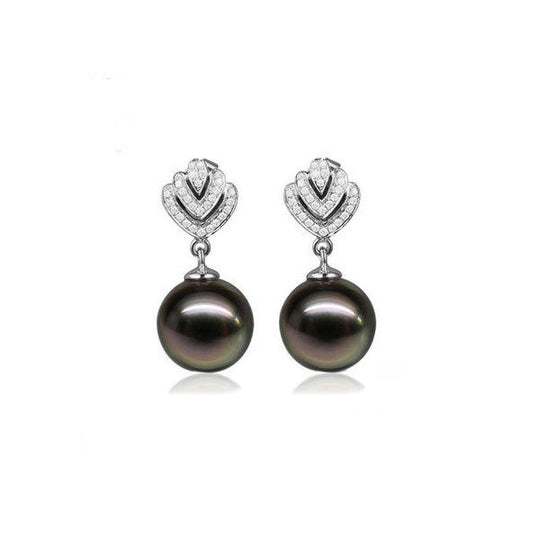10mm Black Tahitian Pearl and Diamond Earrings 14K Gold