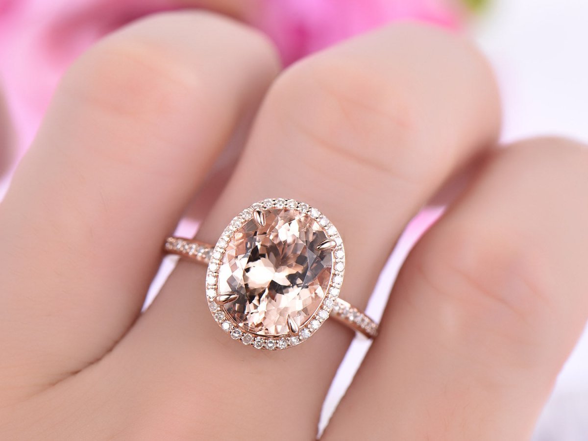 10x12mm Oval Prong Set Morganite Ring Pave Diamond 14K Rose Gold - Lord of Gem Rings