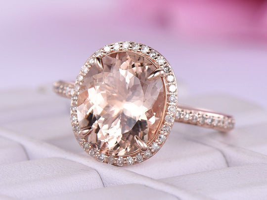 10x12mm Oval Prong Set Morganite Ring Pave Diamond 14K Rose Gold
