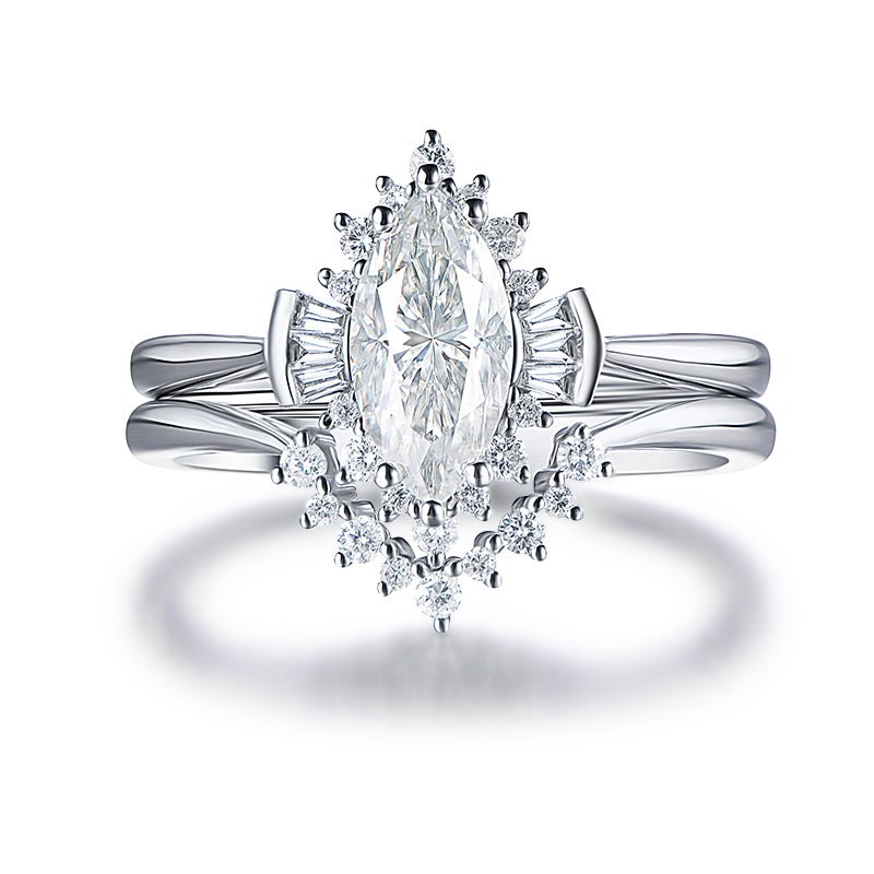 1.1ct Art Deco Marquise Moissanite & Diamond Bridal Set 14K White Gold - Lord of Gem Rings