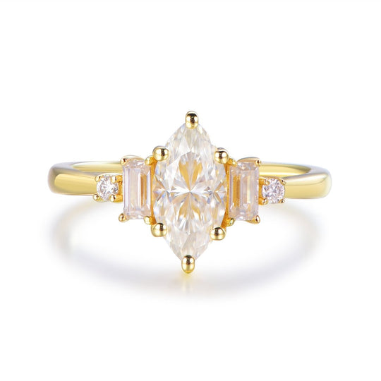 1.1ct Marquise Moissanite Baguette Accent Engagement Ring 14K Gold - Harmonia Deco