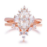 1.1ct Marquise Moissanite Engagement Ring Chevron Bridal Set 14K Rose Gold - Lord of Gem Rings