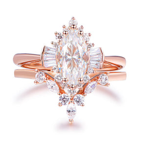 1.1ct Marquise Moissanite Engagement Ring Chevron Bridal Set 14K Rose Gold - Lord of Gem Rings