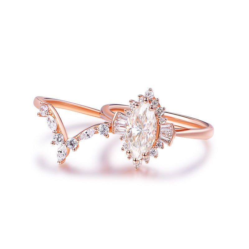 1.1ct Marquise Moissanite Engagement Ring Chevron Bridal Set 14K Rose Gold - Lord of Gem Rings