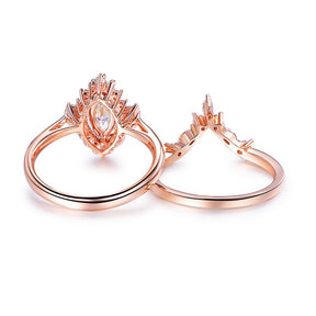 1.1ct Marquise Moissanite Engagement Ring Chevron Bridal Set 14K Rose Gold - Lord of Gem Rings