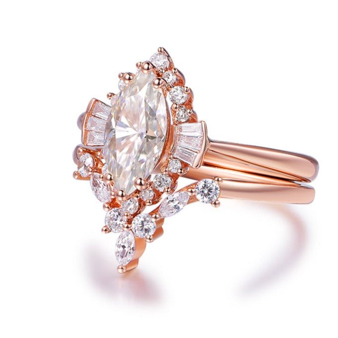 1.1ct Marquise Moissanite Engagement Ring Chevron Bridal Set 14K Rose Gold - Lord of Gem Rings