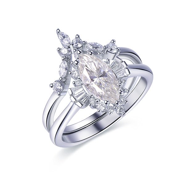 1.1ct Marquise Moissanite Engagement Ring Chevron Bridal Set 14K White Gold - Lord of Gem Rings