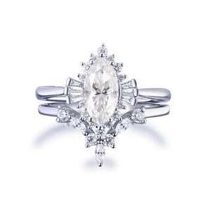 1.1ct Marquise Moissanite Engagement Ring Chevron Bridal Set 14K White Gold - Lord of Gem Rings