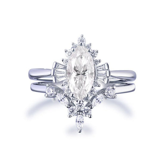 1.1ct Marquise Moissanite Engagement Ring Chevron Bridal Set 14K White Gold
