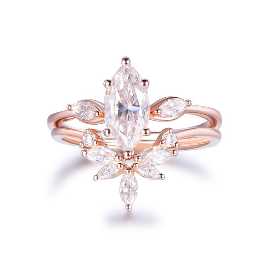 1.1ct Marquise Moissanite Ring Chevron Band Bridal Set 14K Gold